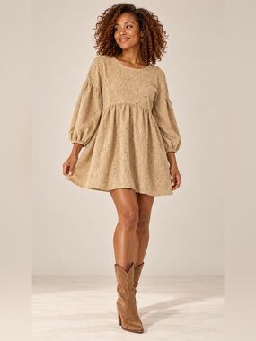 Hayden Los Angeles Size S Tan Floral Embroidered Babydoll Dress